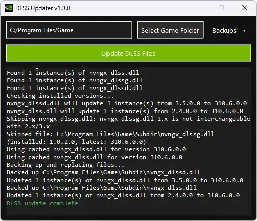 Screenshot of the DLSS Updater desktop app showing detected DLSS files and update options